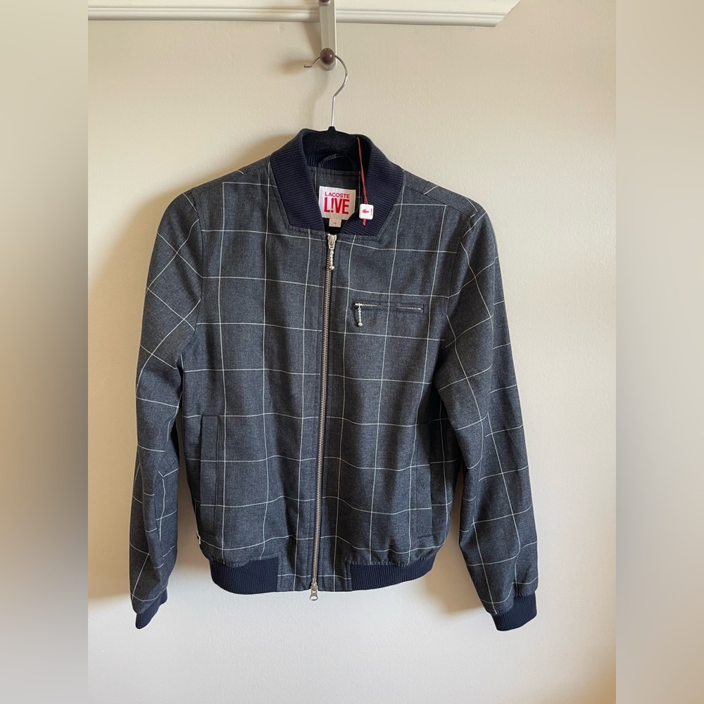 NWOT Lacoste Men’s Size XS Live Gray Checkered  Bomber Jacket Women’s S